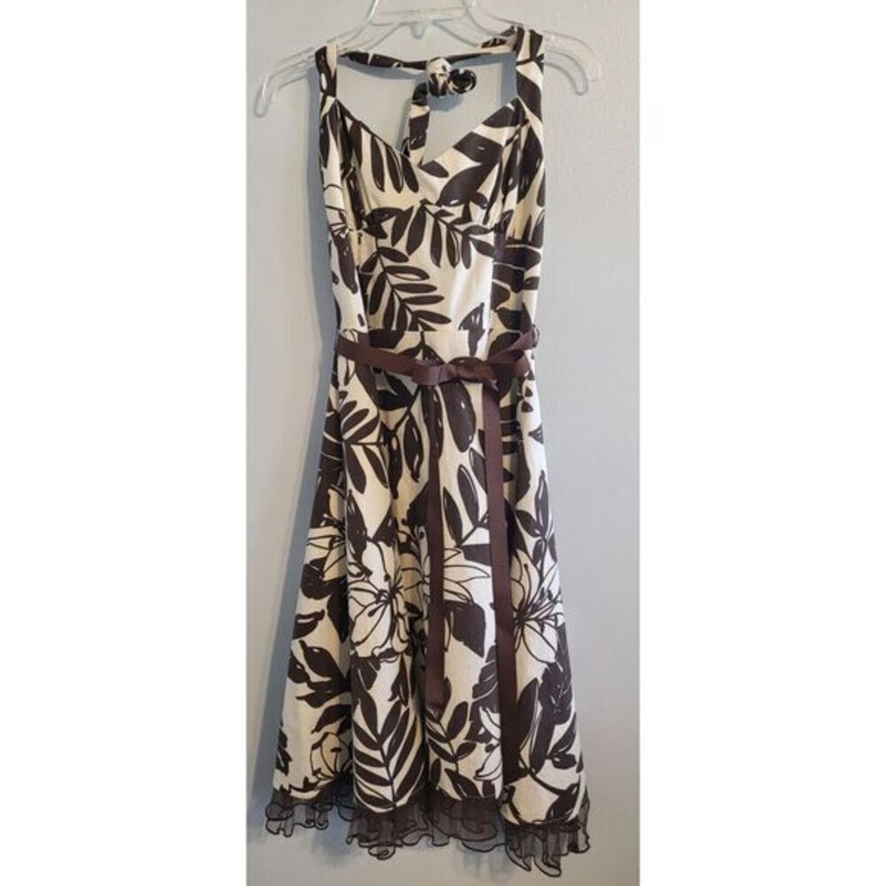 City Triangles Womens Floral Size 9 Brown And White Halter Dress Ruffled Hem